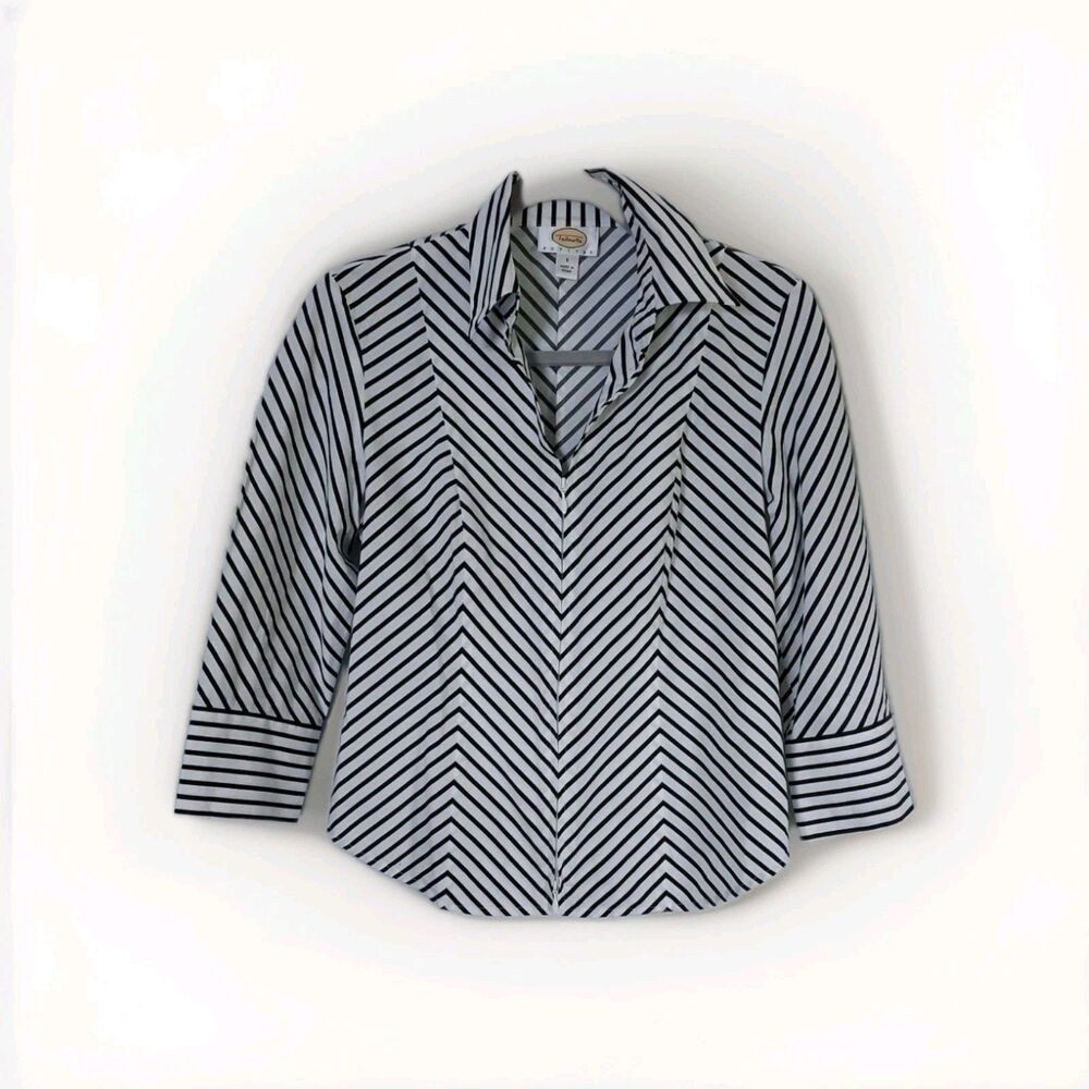 Talbots Petites Women's White & Black Striped Zippered Shirt Blouse Size 6P